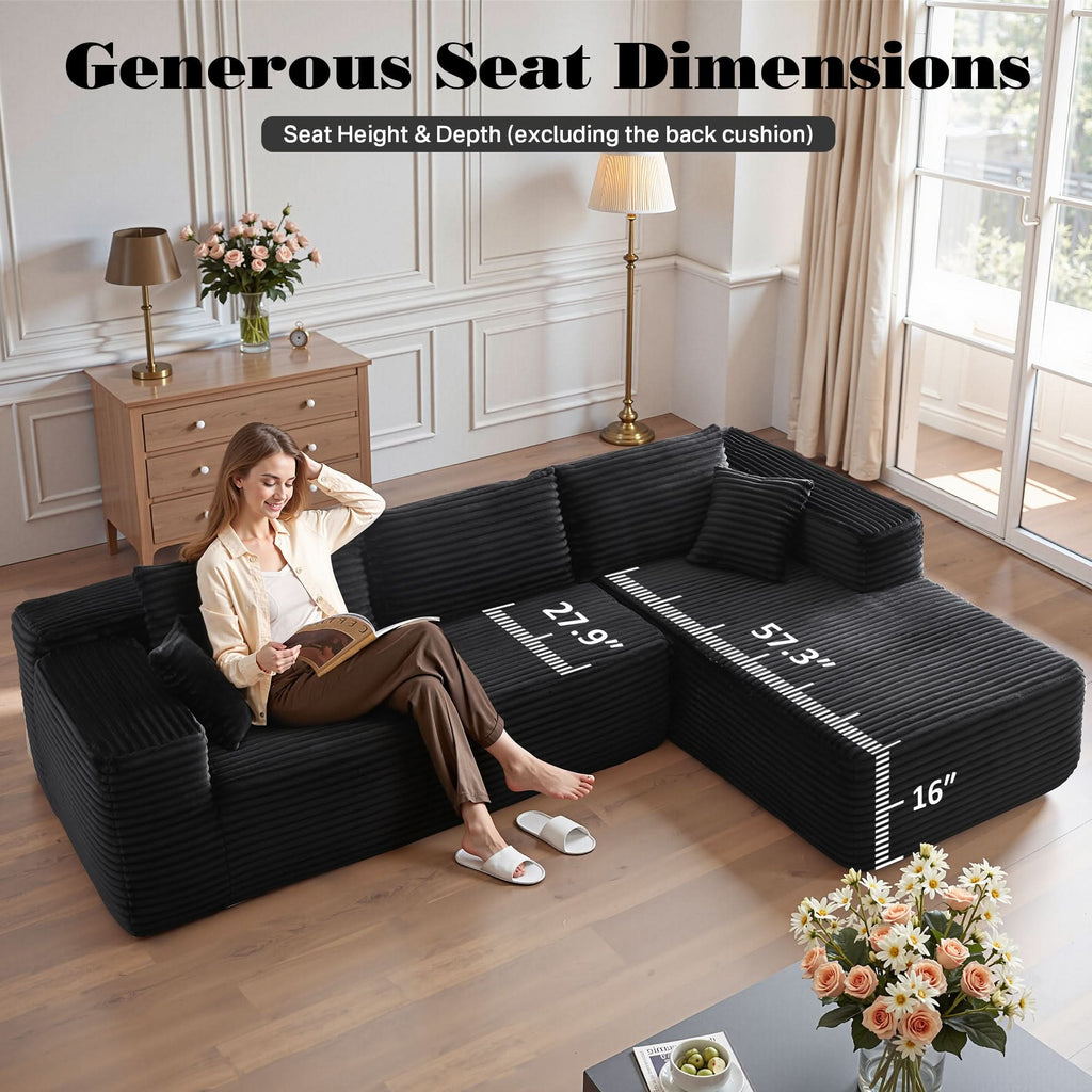 TriVolt 104" L-Shape Modular Couch with Chaise, Plush Corduroy Fabric, No Assembly Required