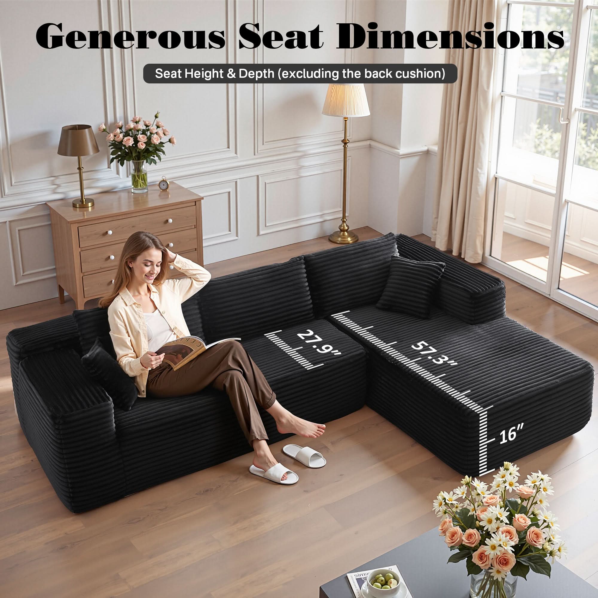 TriVolt 104" L-Shape Modular Couch with Chaise, Plush Corduroy Fabric, No Assembly Required