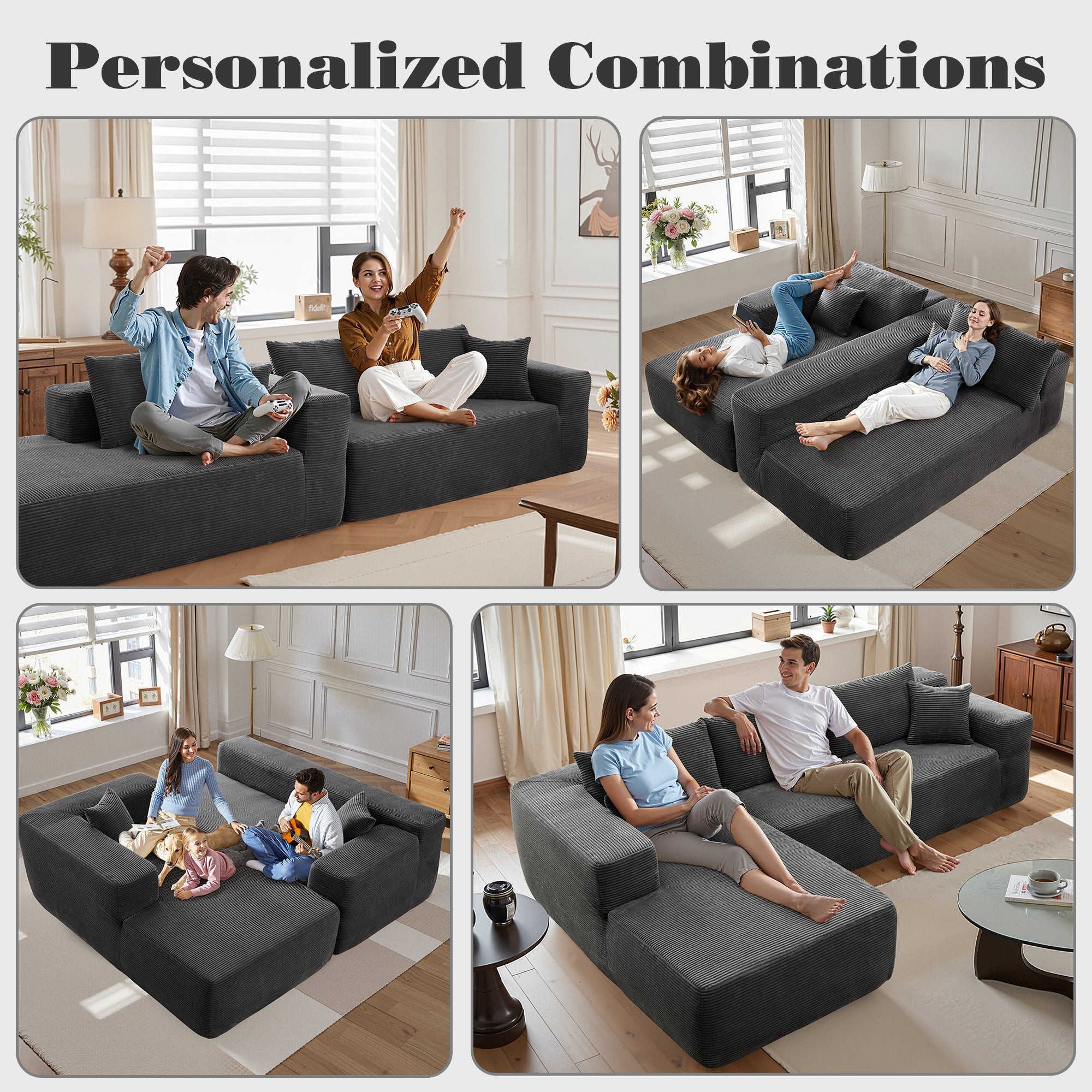TriVolt 104" L-Shape Modular Couch with Chaise, Plush Corduroy Fabric, No Assembly Required