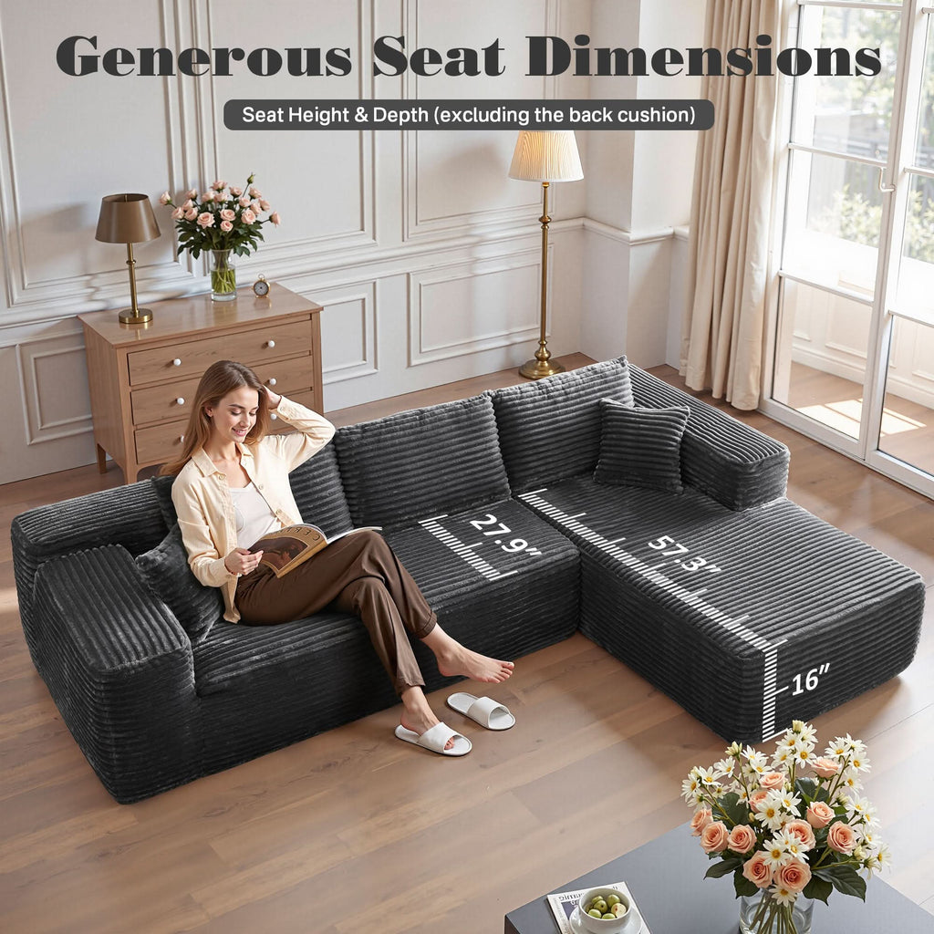 TriVolt 104" L-Shape Modular Couch with Chaise, Plush Corduroy Fabric, No Assembly Required