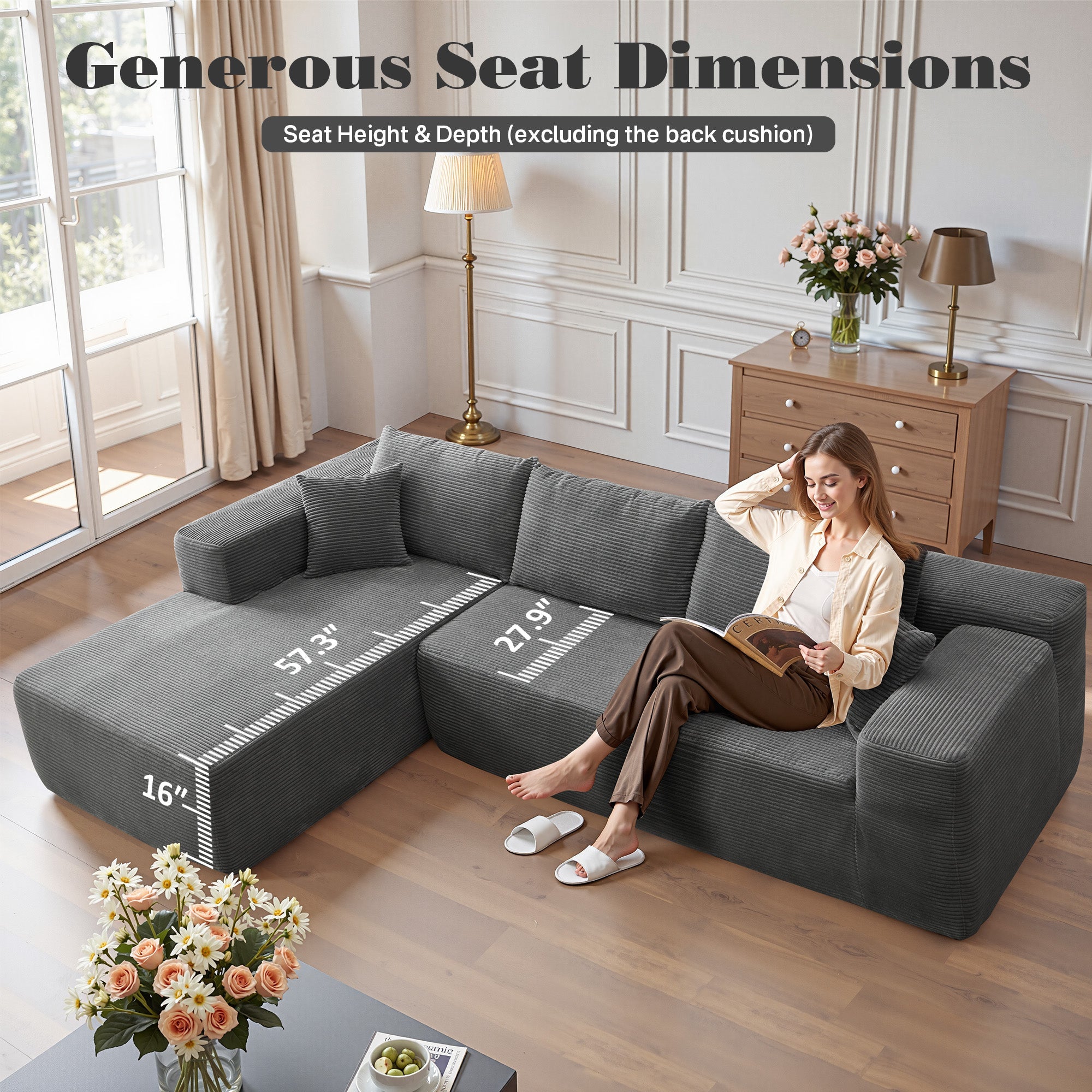 TriVolt 104" L-Shape Modular Couch with Chaise, Plush Corduroy Fabric, No Assembly Required