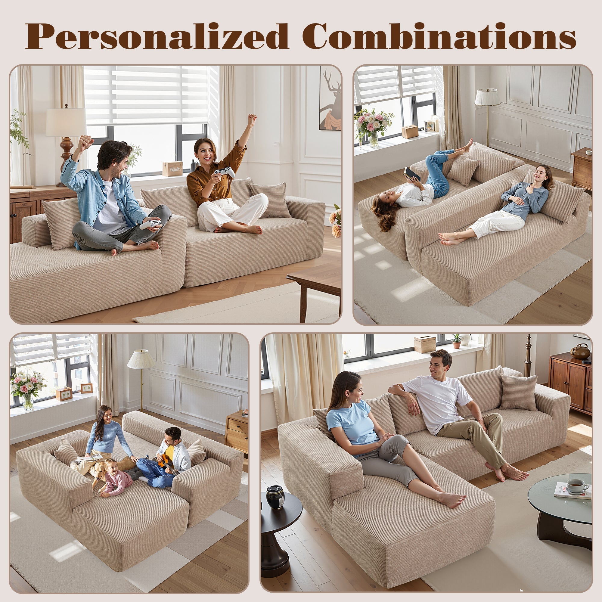 TriVolt 104" L-Shape Modular Couch with Chaise, Plush Corduroy Fabric, No Assembly Required