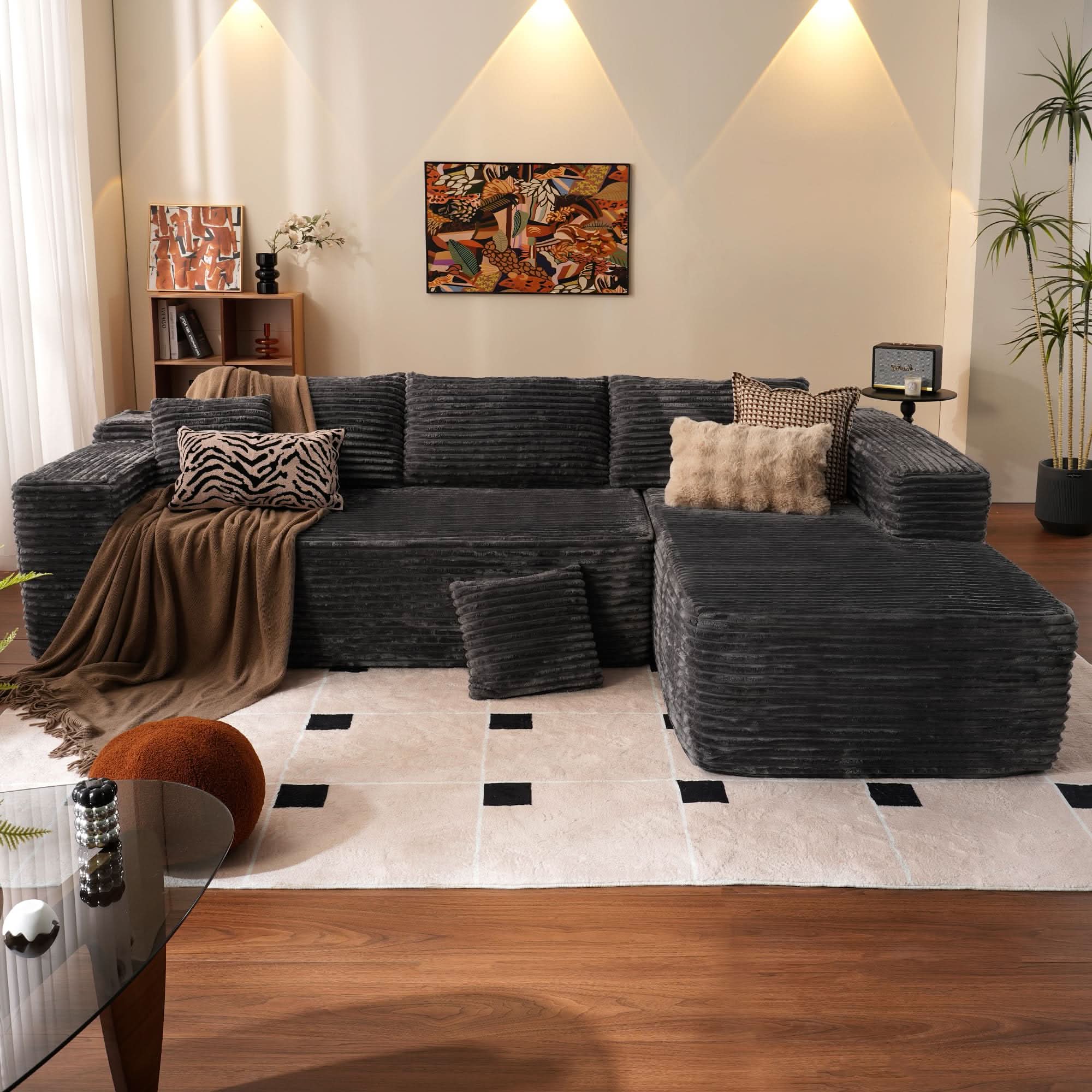 TriVolt 104" L-Shape Modular Couch with Chaise, Plush Corduroy Fabric, No Assembly Required