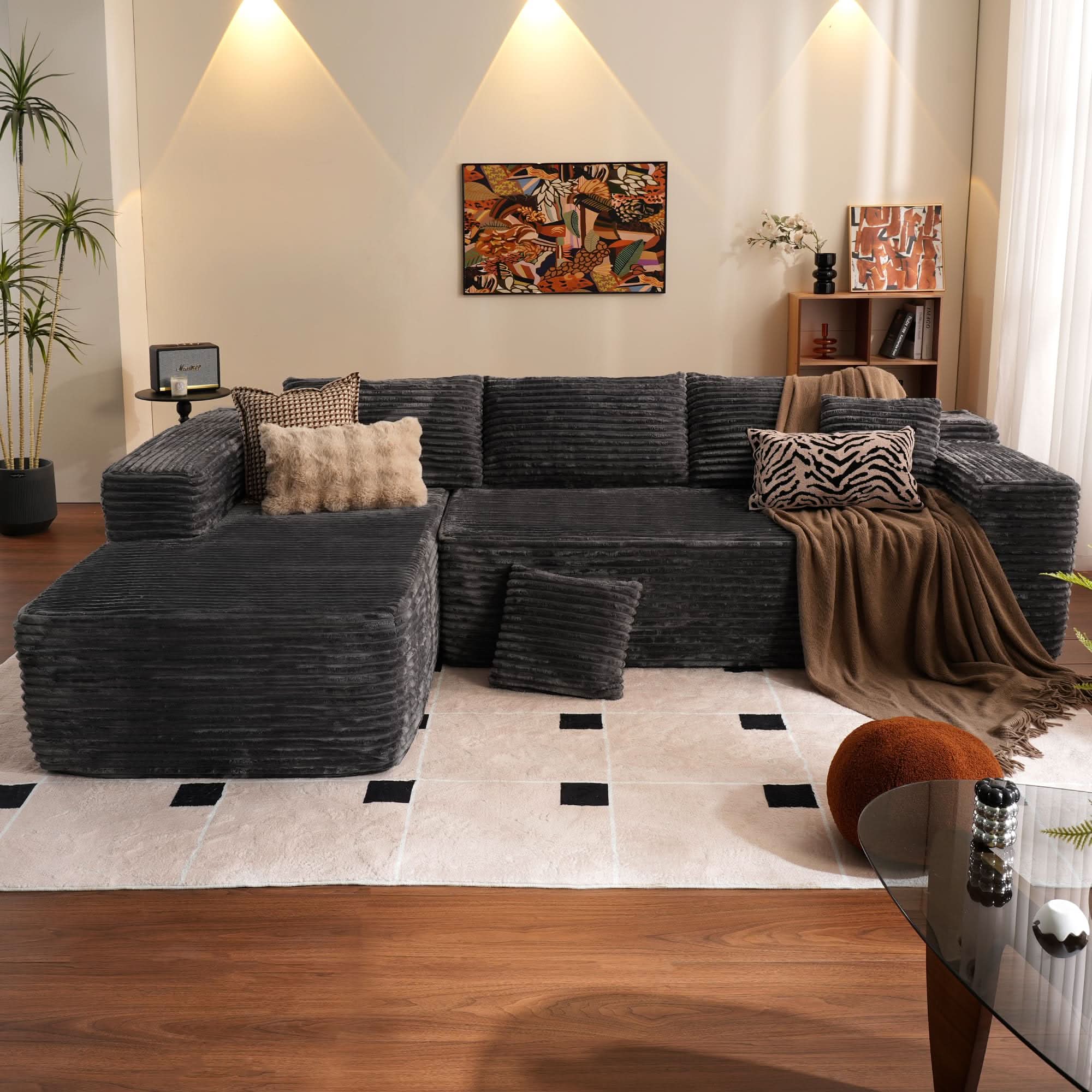 TriVolt 104" L-Shape Modular Couch with Chaise, Plush Corduroy Fabric, No Assembly Required