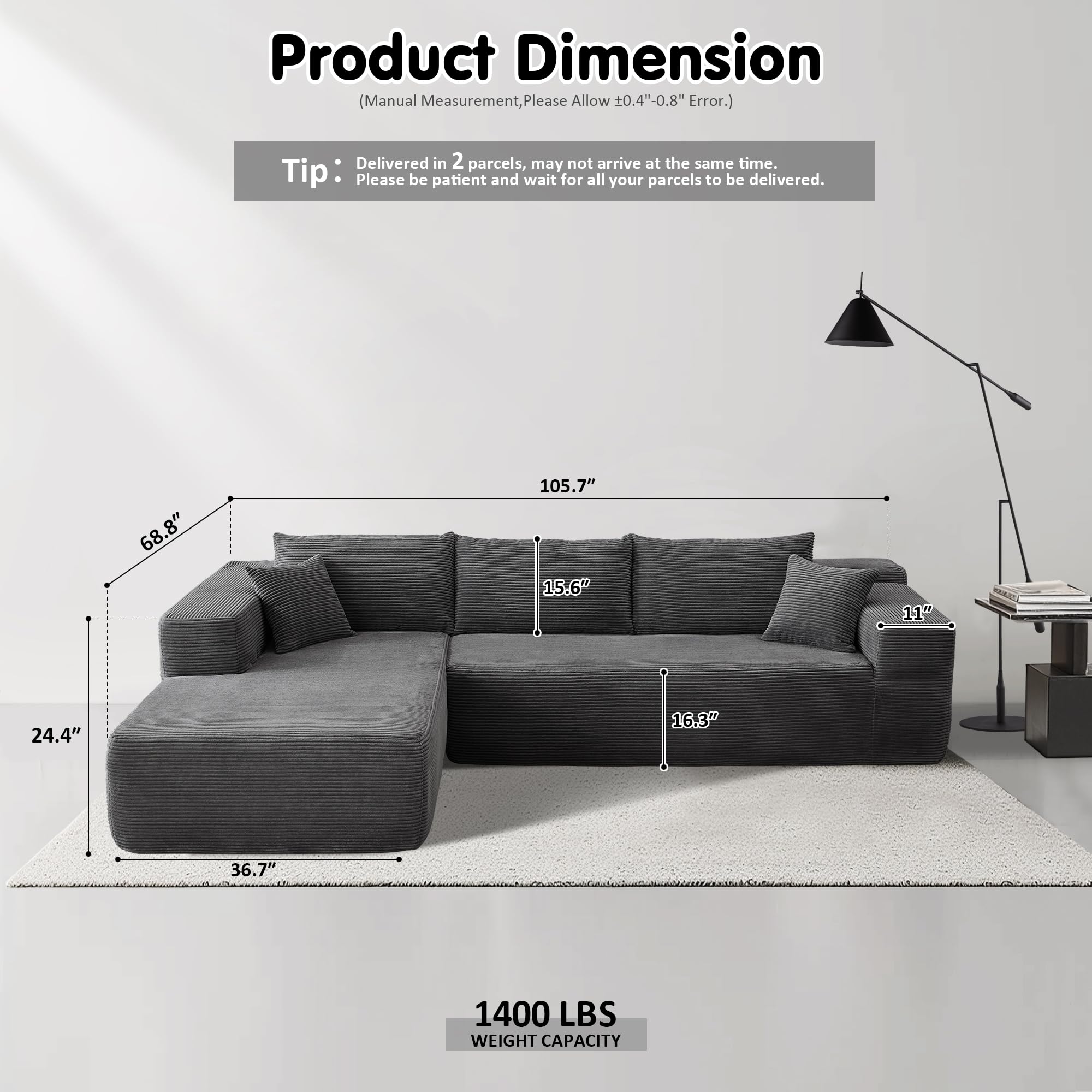 TriVolt 104" L-Shape Modular Couch with Chaise, Plush Corduroy Fabric, No Assembly Required