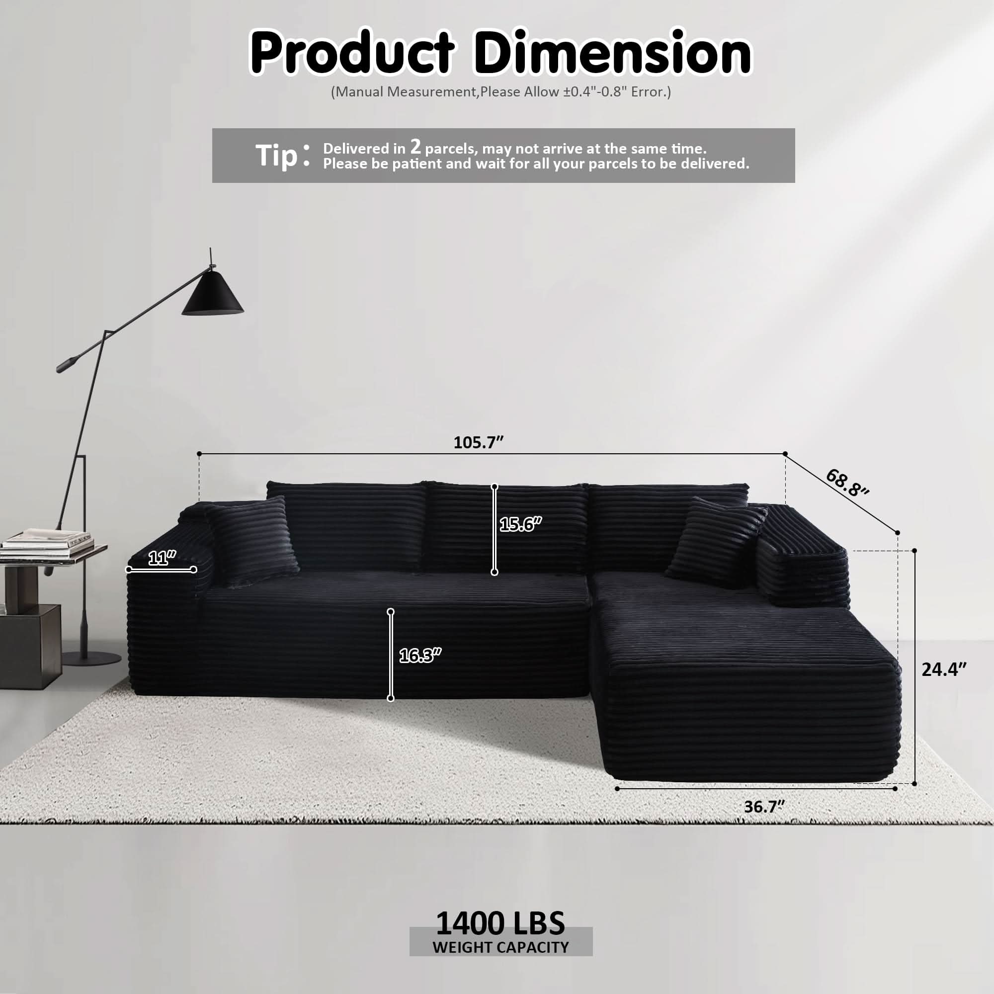 TriVolt 104" L-Shape Modular Couch with Chaise, Plush Corduroy Fabric, No Assembly Required