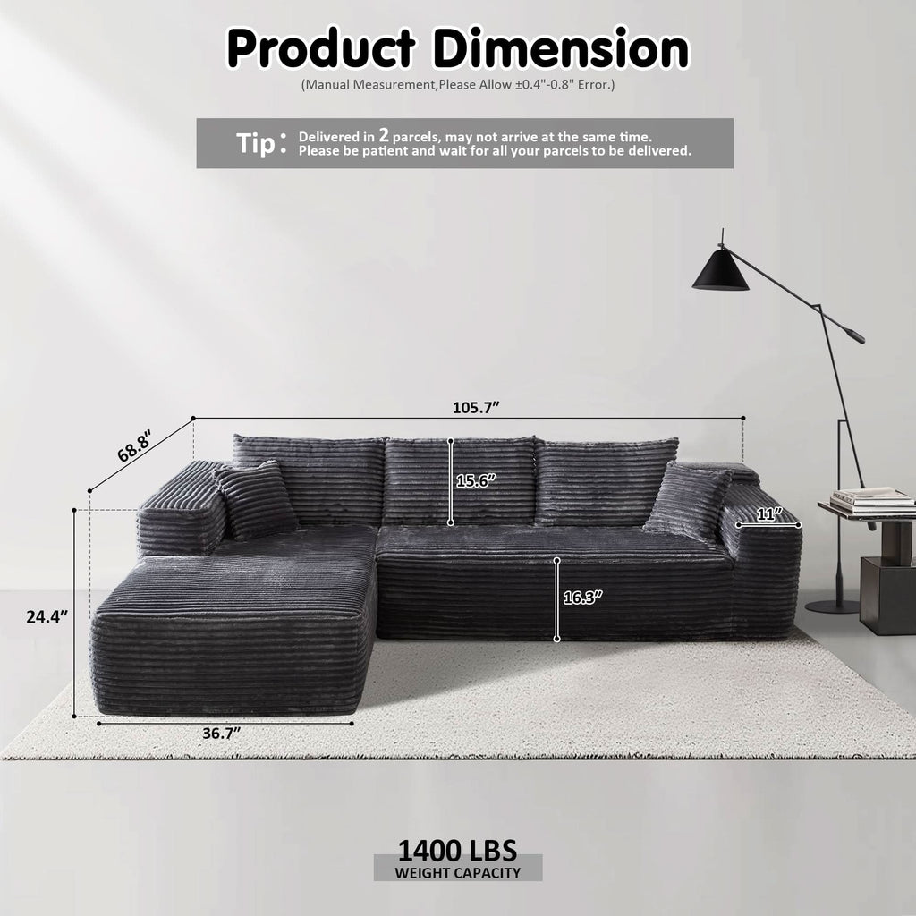 TriVolt 104" L-Shape Modular Couch with Chaise, Plush Corduroy Fabric, No Assembly Required