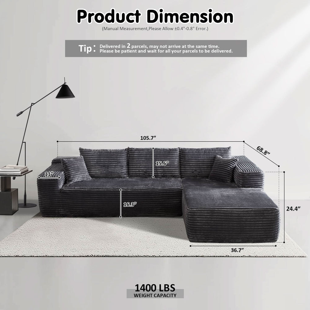 TriVolt 104" L-Shape Modular Couch with Chaise, Plush Corduroy Fabric, No Assembly Required