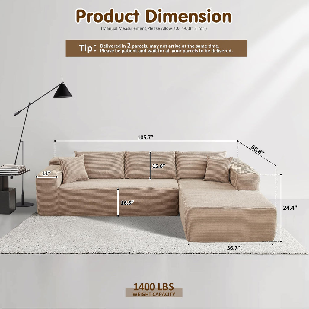TriVolt 104" L-Shape Modular Couch with Chaise, Plush Corduroy Fabric, No Assembly Required