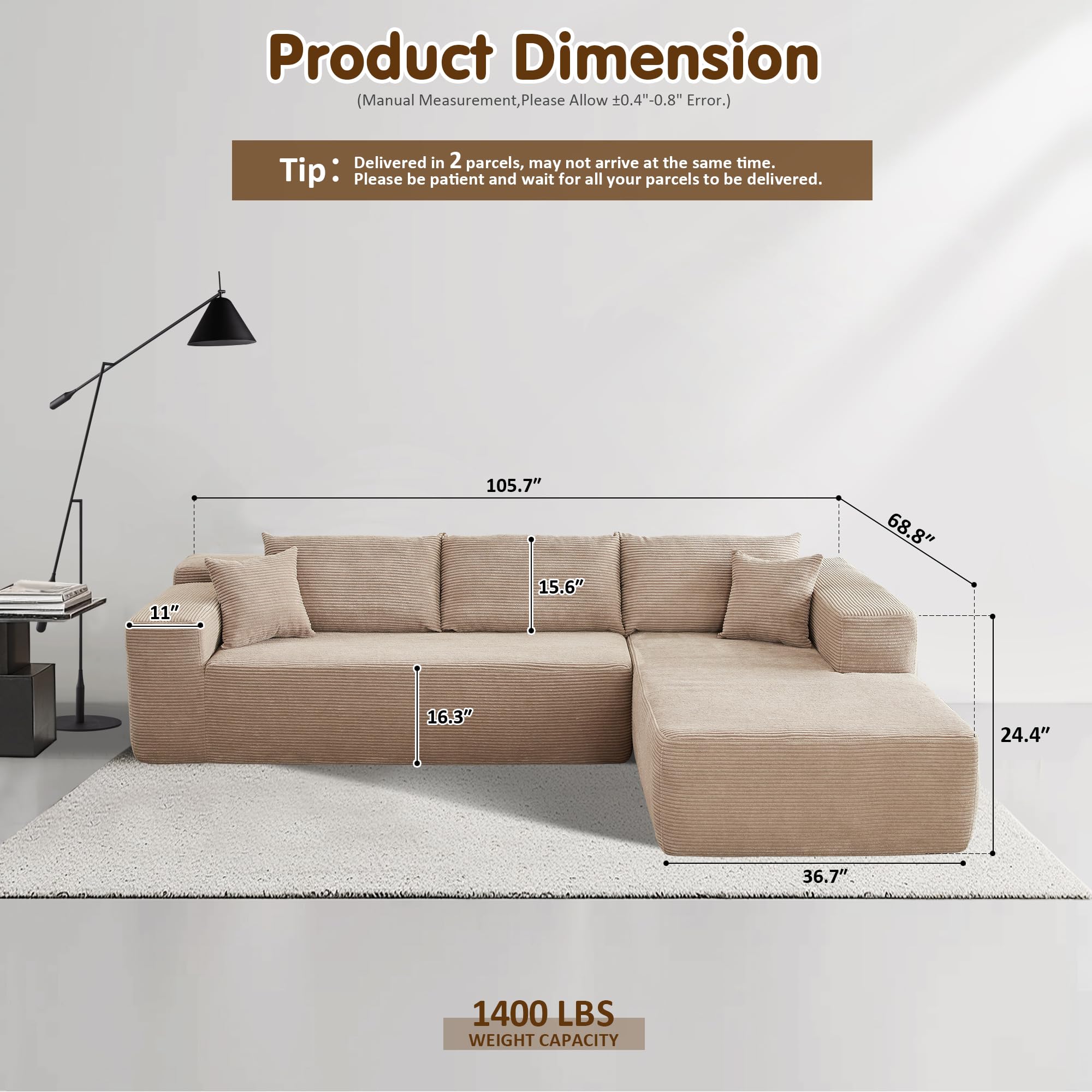 TriVolt 104" L-Shape Modular Couch with Chaise, Plush Corduroy Fabric, No Assembly Required