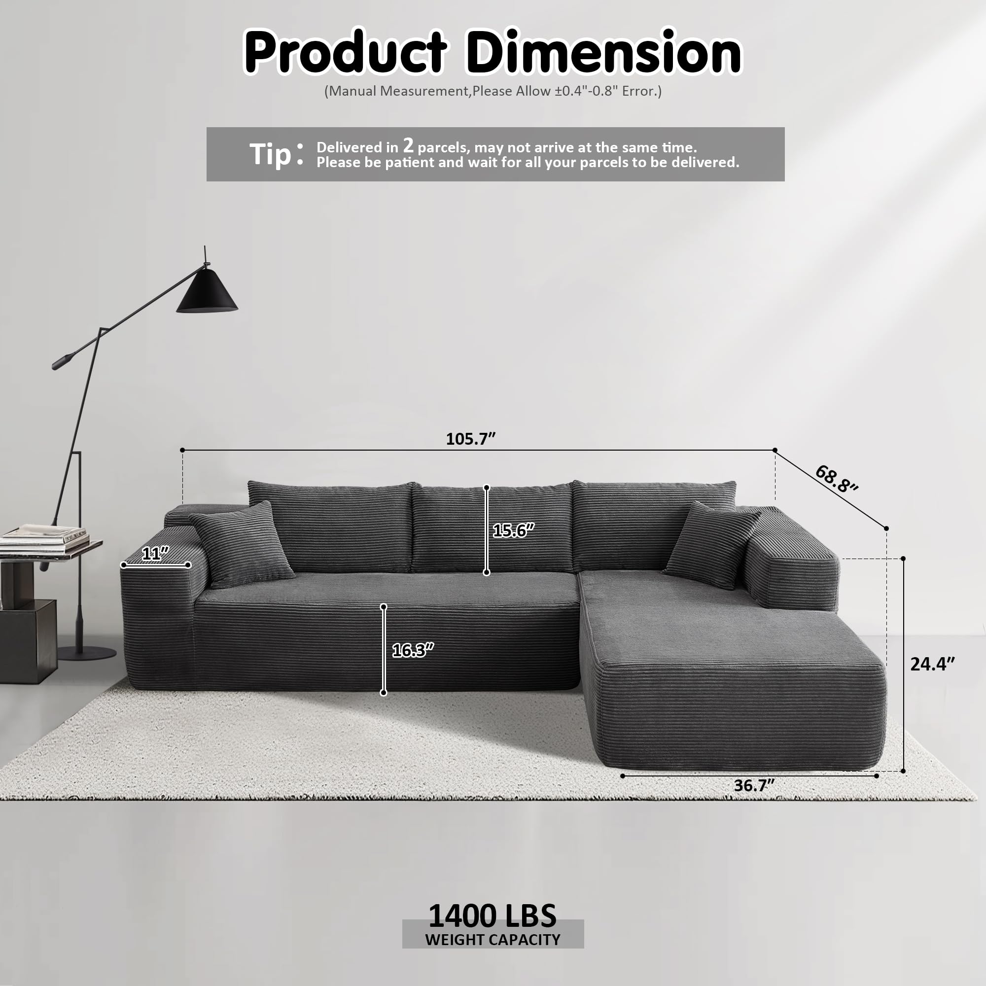 TriVolt 104" L-Shape Modular Couch with Chaise, Plush Corduroy Fabric, No Assembly Required