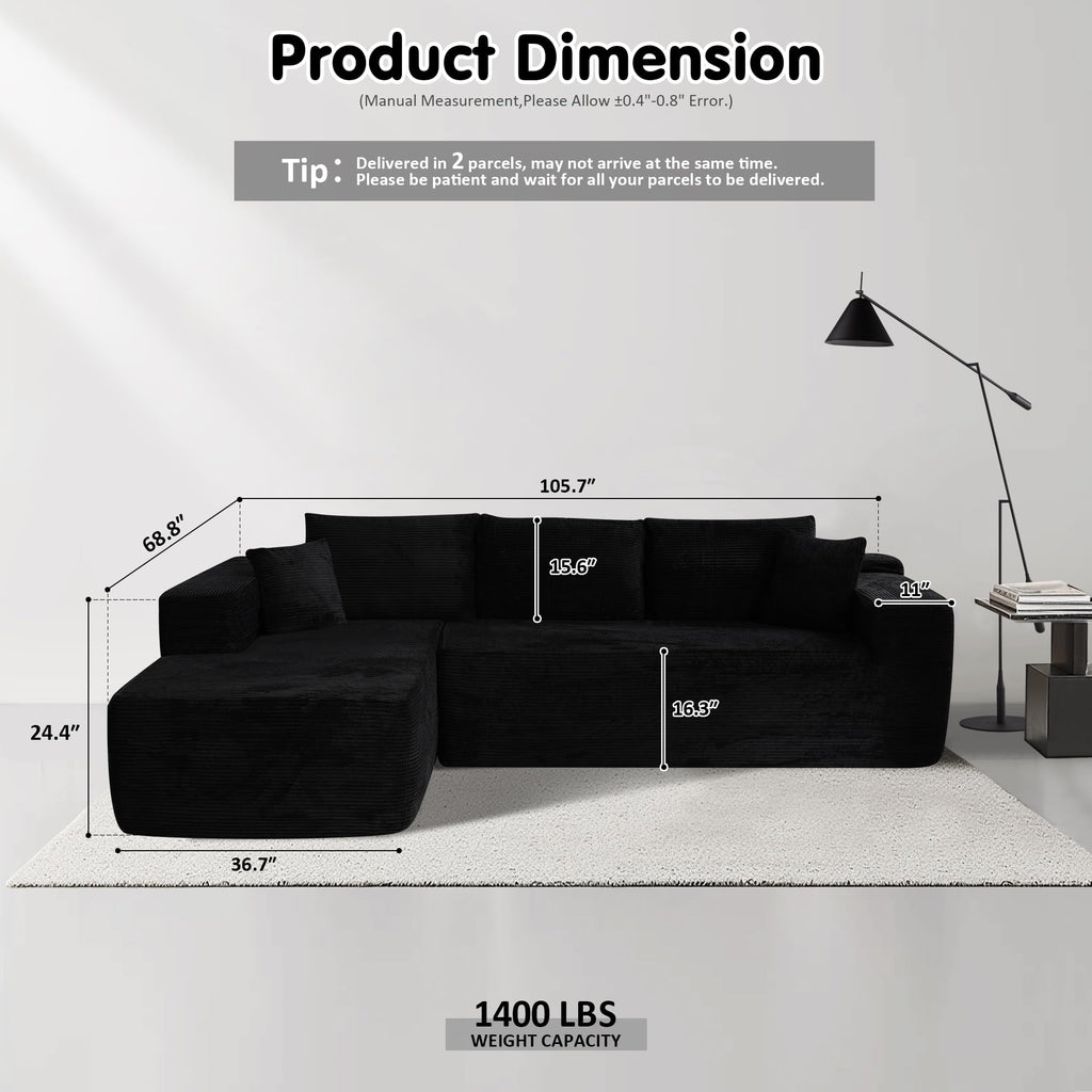 TriVolt 104" L-Shape Modular Couch with Chaise, Plush Corduroy Fabric, No Assembly Required