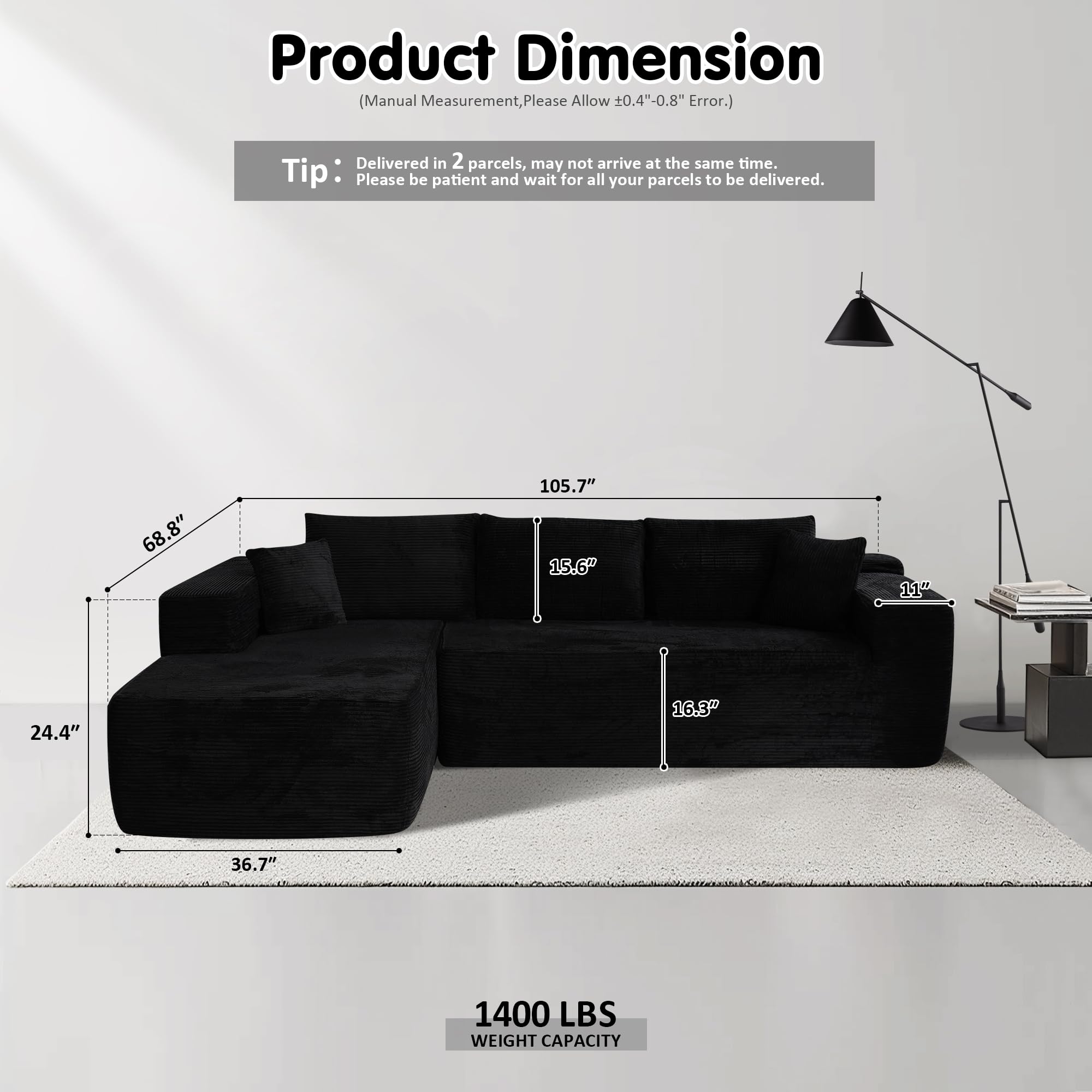 TriVolt 104" L-Shape Modular Couch with Chaise, Plush Corduroy Fabric, No Assembly Required