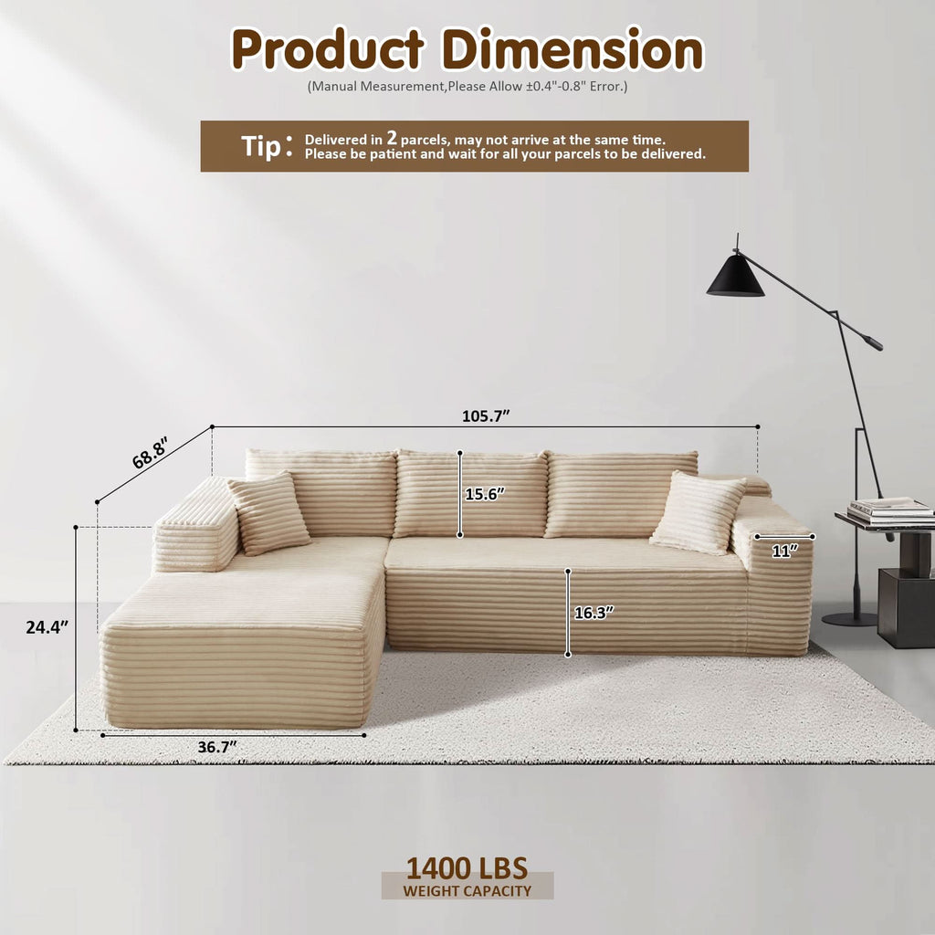 TriVolt 104" L-Shape Modular Couch with Chaise, Plush Corduroy Fabric, No Assembly Required