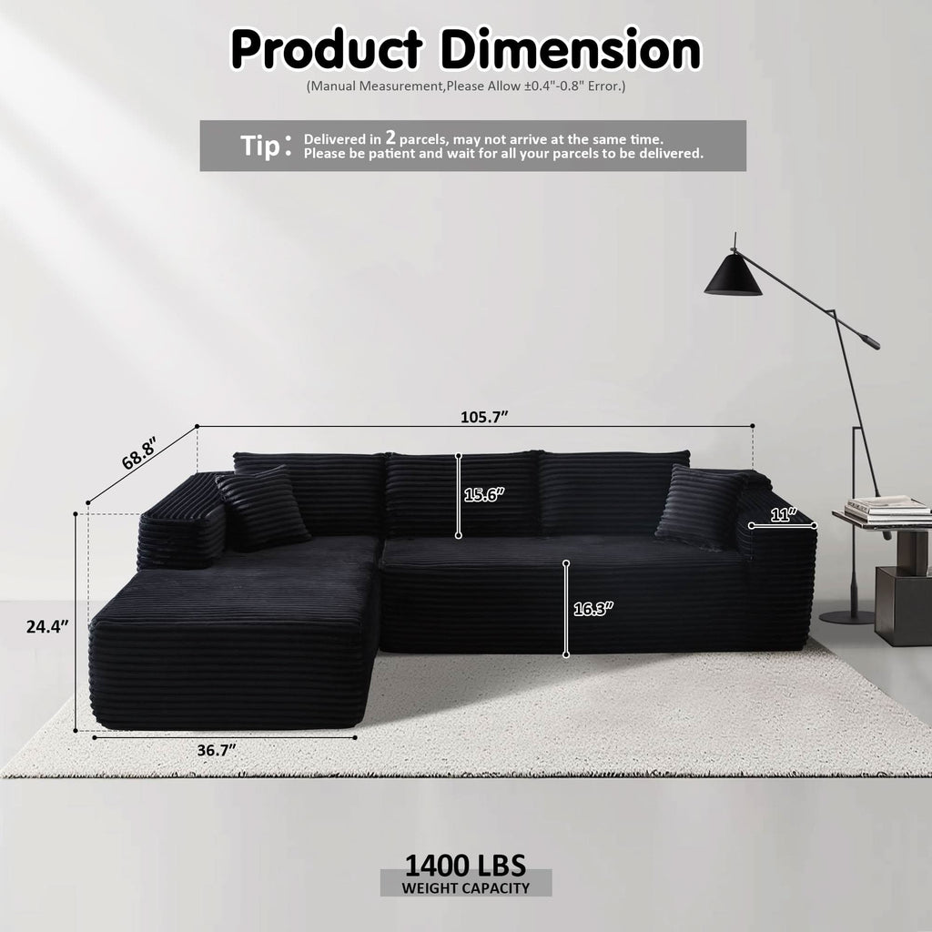 TriVolt 104" L-Shape Modular Couch with Chaise, Plush Corduroy Fabric, No Assembly Required