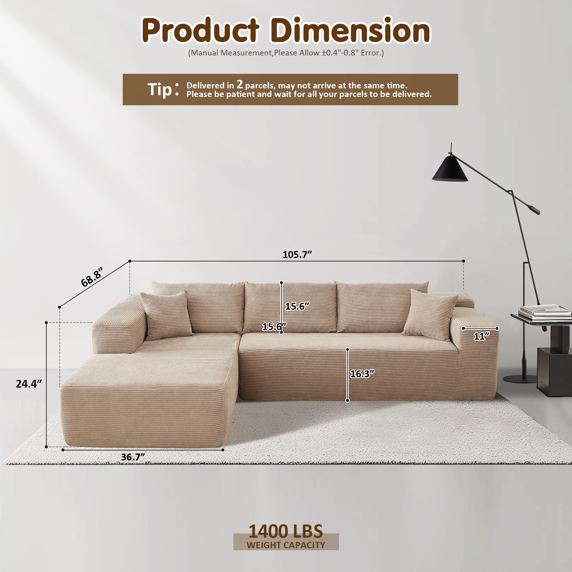 TriVolt 104" L-Shape Modular Couch with Chaise, Plush Corduroy Fabric, No Assembly Required