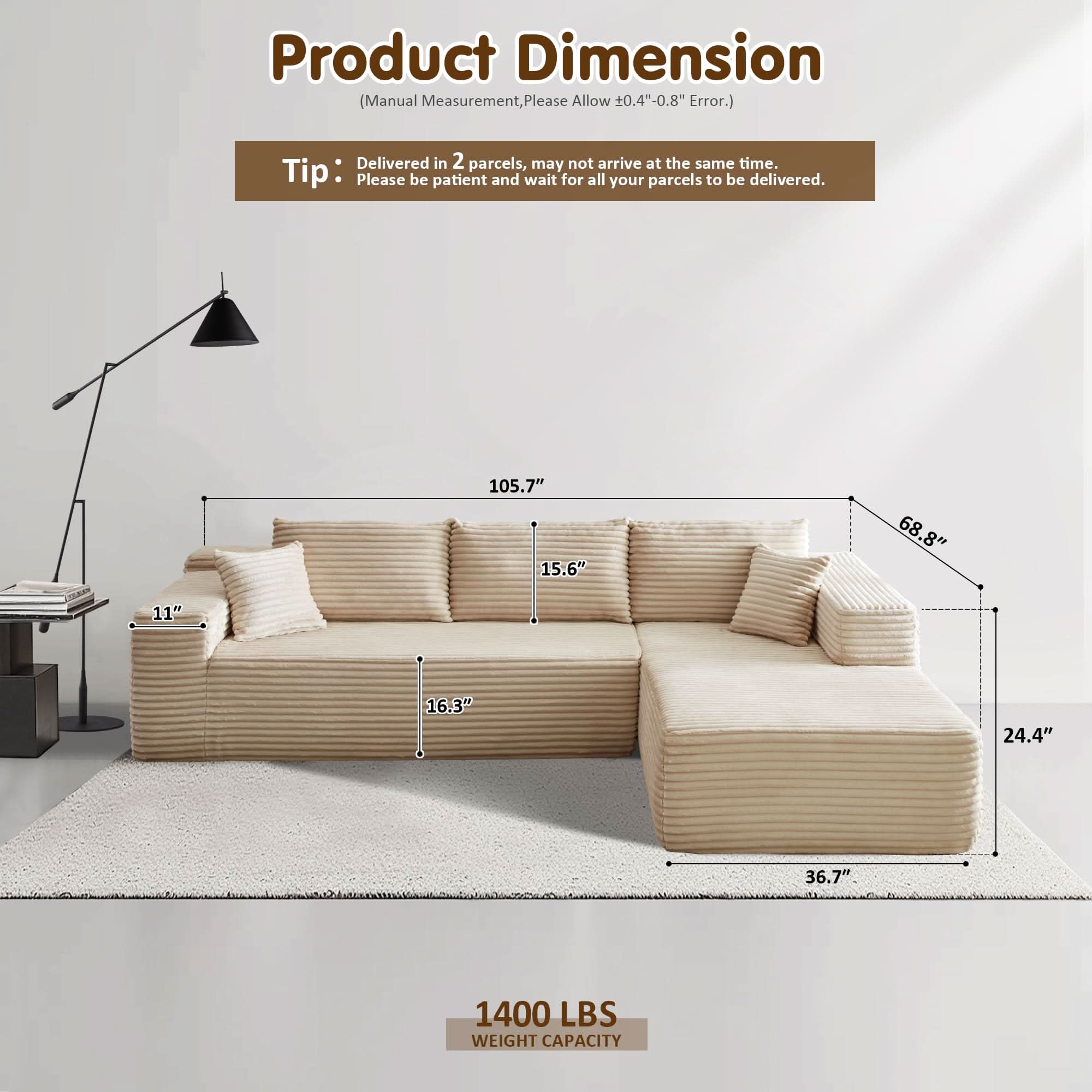 TriVolt 104" L-Shape Modular Couch with Chaise, Plush Corduroy Fabric, No Assembly Required
