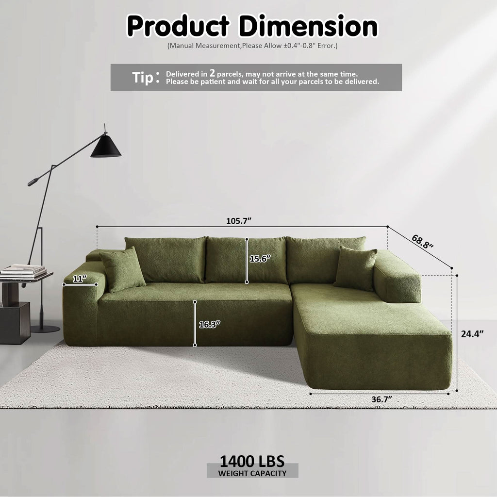 TriVolt 104" L-Shape Modular Couch with Chaise, Plush Corduroy Fabric, No Assembly Required