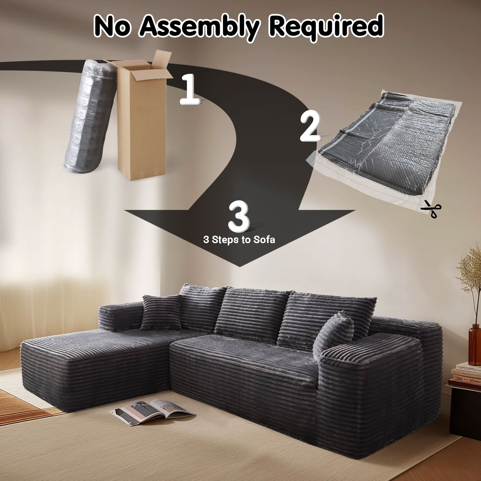 TriVolt 104" L-Shape Modular Couch with Chaise, Plush Corduroy Fabric, No Assembly Required