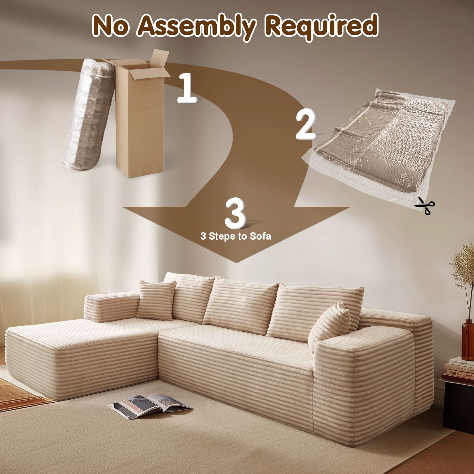TriVolt 104" L-Shape Modular Couch with Chaise, Plush Corduroy Fabric, No Assembly Required