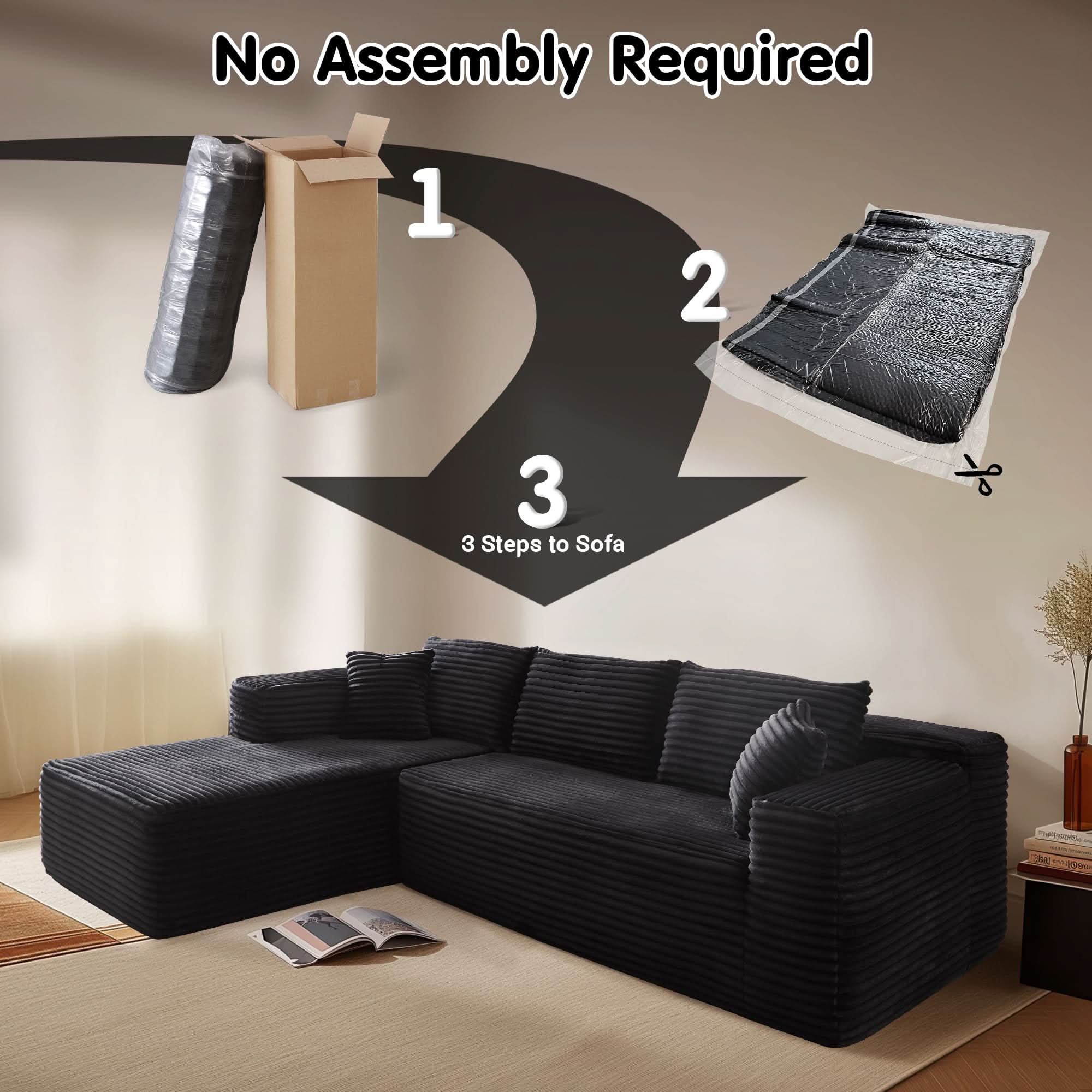 TriVolt 104" L-Shape Modular Couch with Chaise, Plush Corduroy Fabric, No Assembly Required