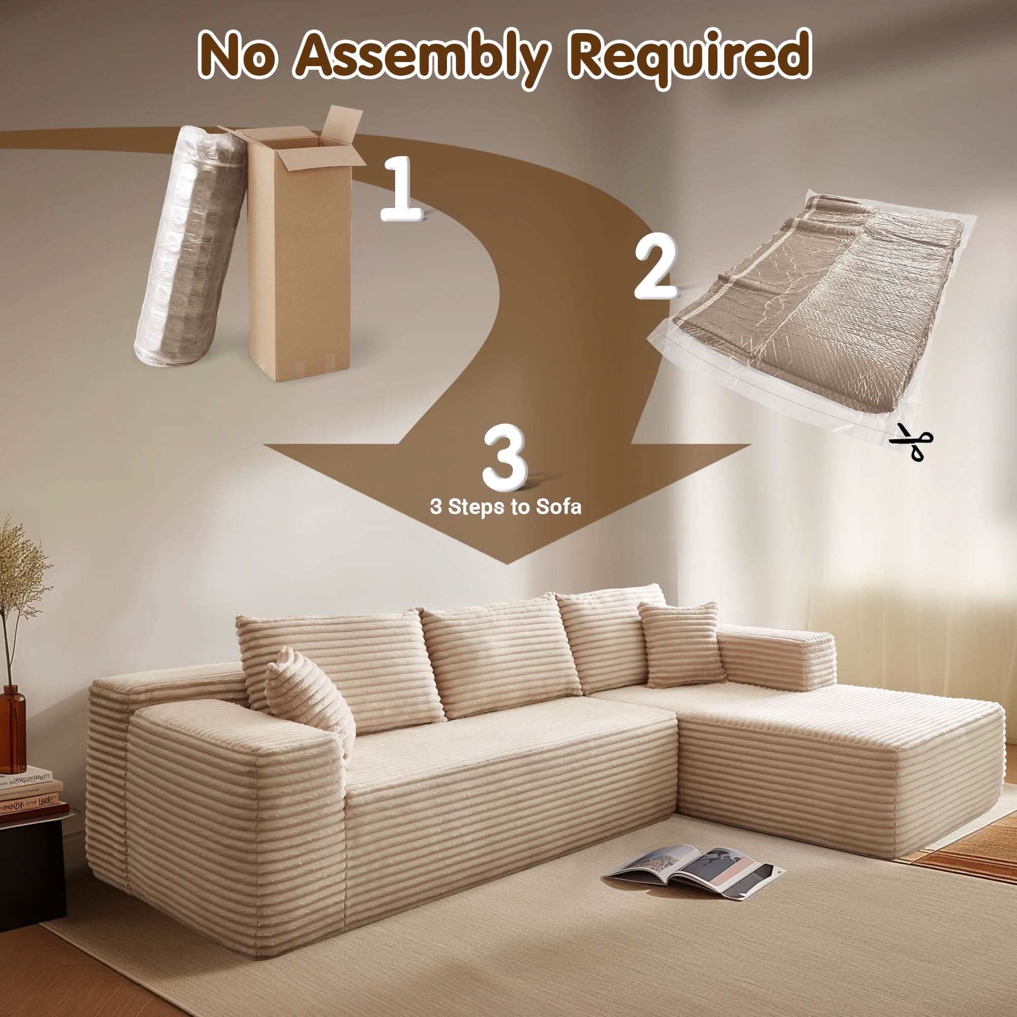 TriVolt 104" L-Shape Modular Couch with Chaise, Plush Corduroy Fabric, No Assembly Required