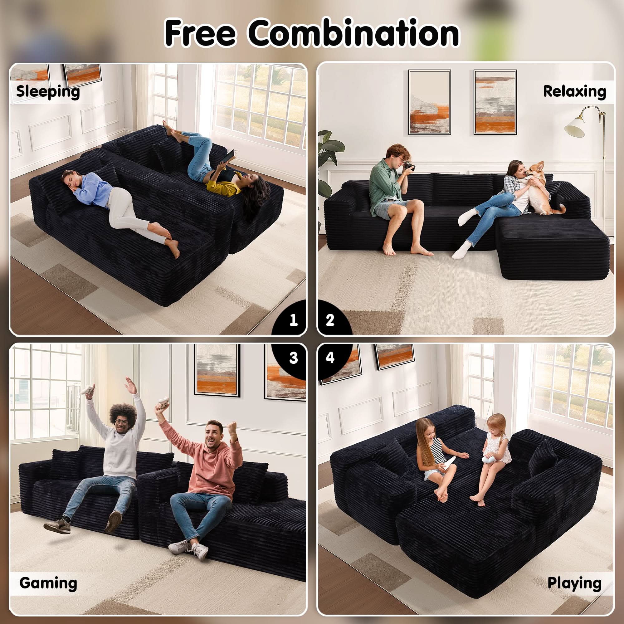 TriVolt 104" L-Shape Modular Couch with Chaise, Plush Corduroy Fabric, No Assembly Required