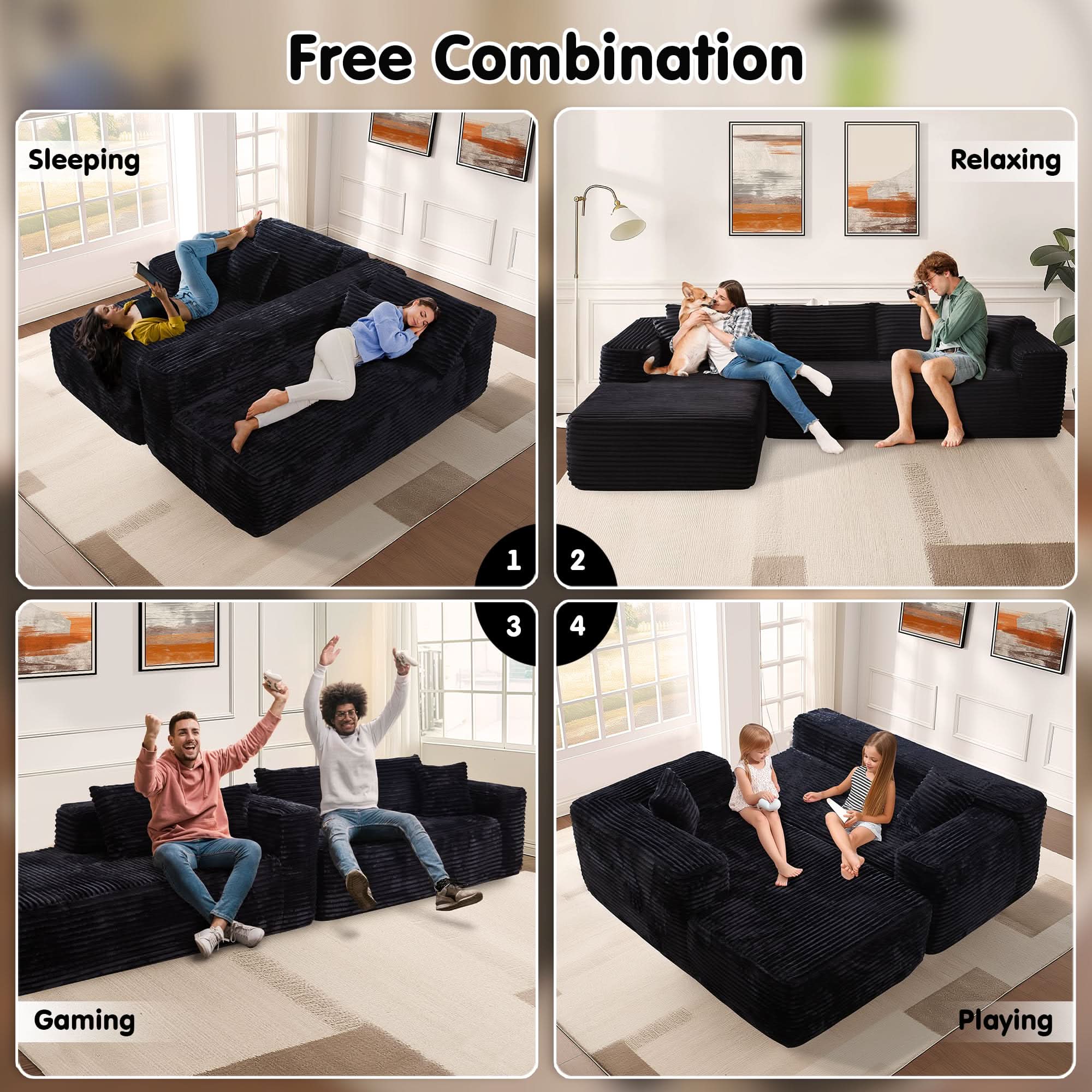 TriVolt 104" L-Shape Modular Couch with Chaise, Plush Corduroy Fabric, No Assembly Required