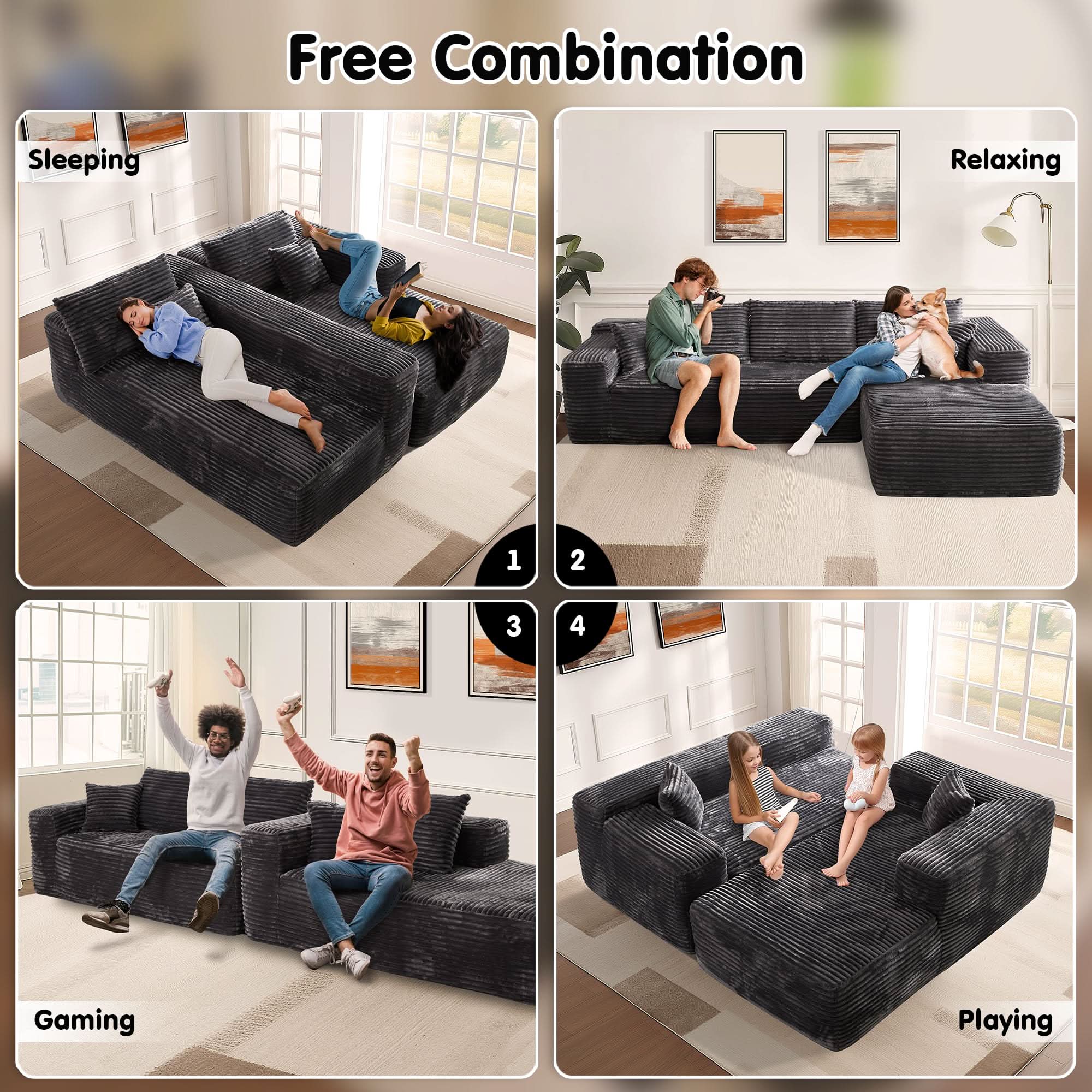TriVolt 104" L-Shape Modular Couch with Chaise, Plush Corduroy Fabric, No Assembly Required