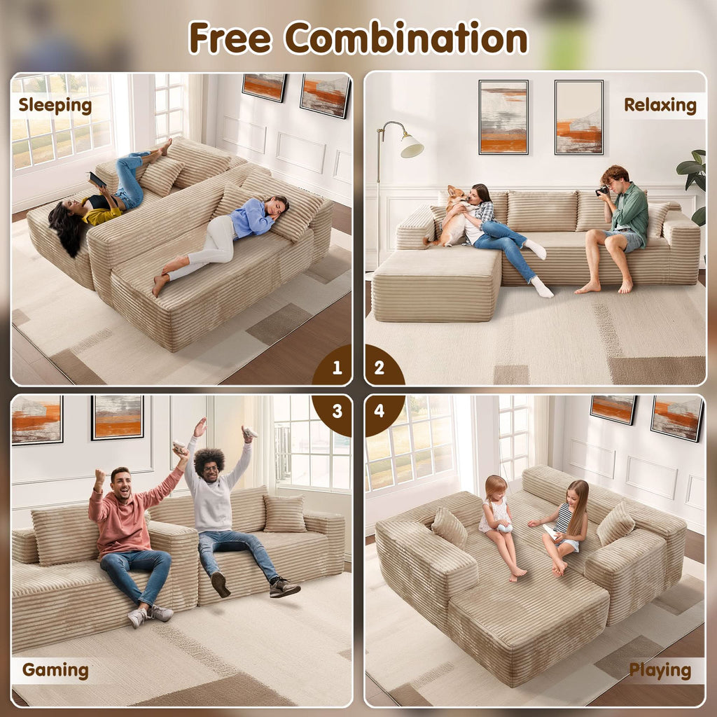 TriVolt 104" L-Shape Modular Couch with Chaise, Plush Corduroy Fabric, No Assembly Required