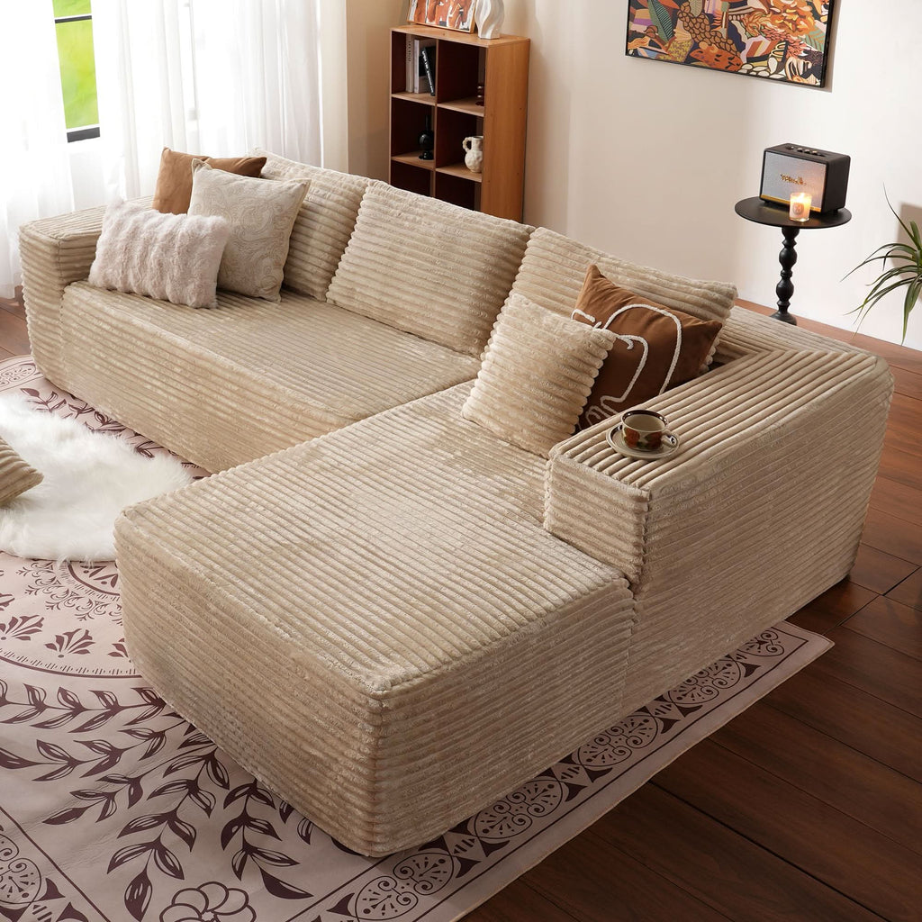 TriVolt 104" L-Shape Modular Couch with Chaise, Plush Corduroy Fabric, No Assembly Required