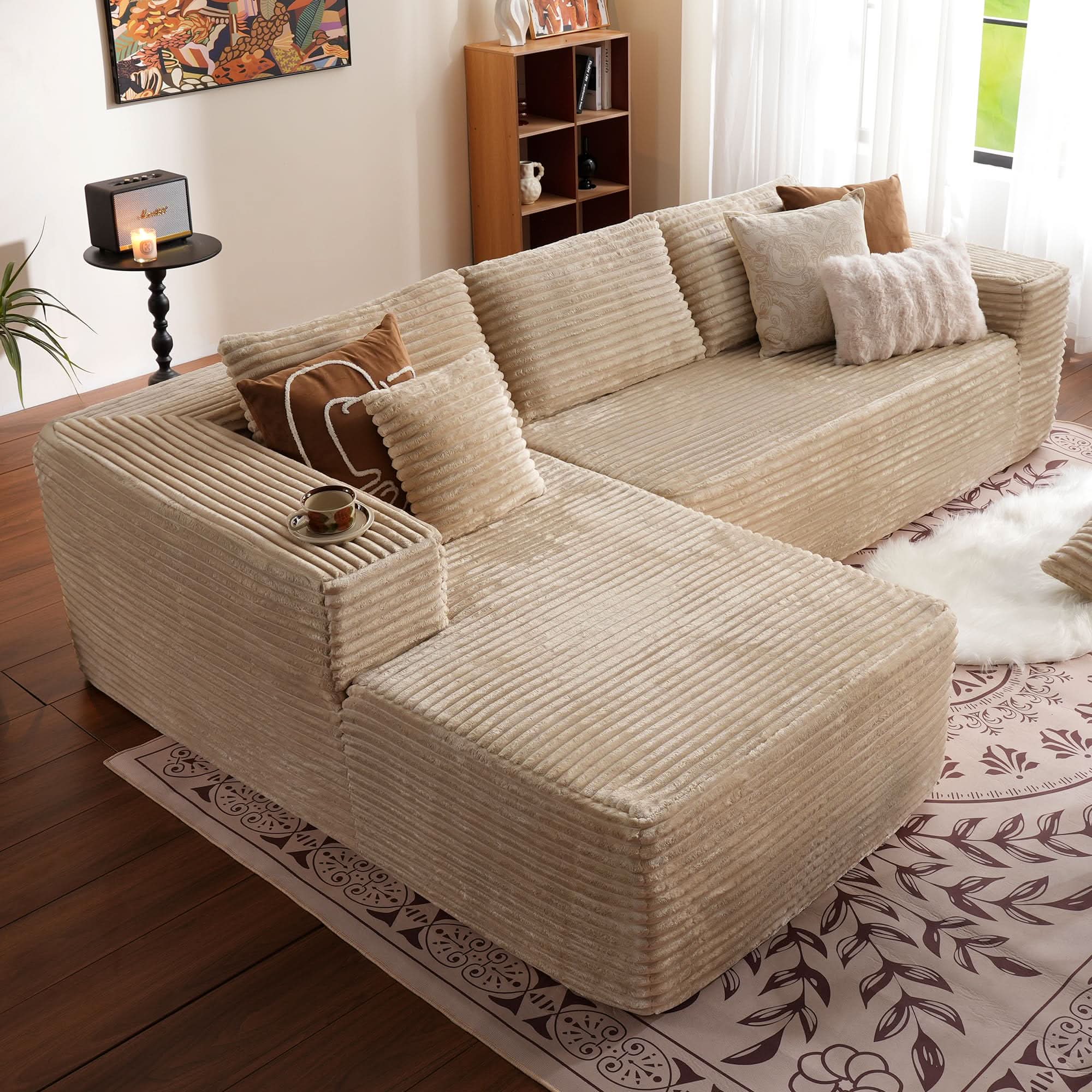 TriVolt 104" L-Shape Modular Couch with Chaise, Plush Corduroy Fabric, No Assembly Required