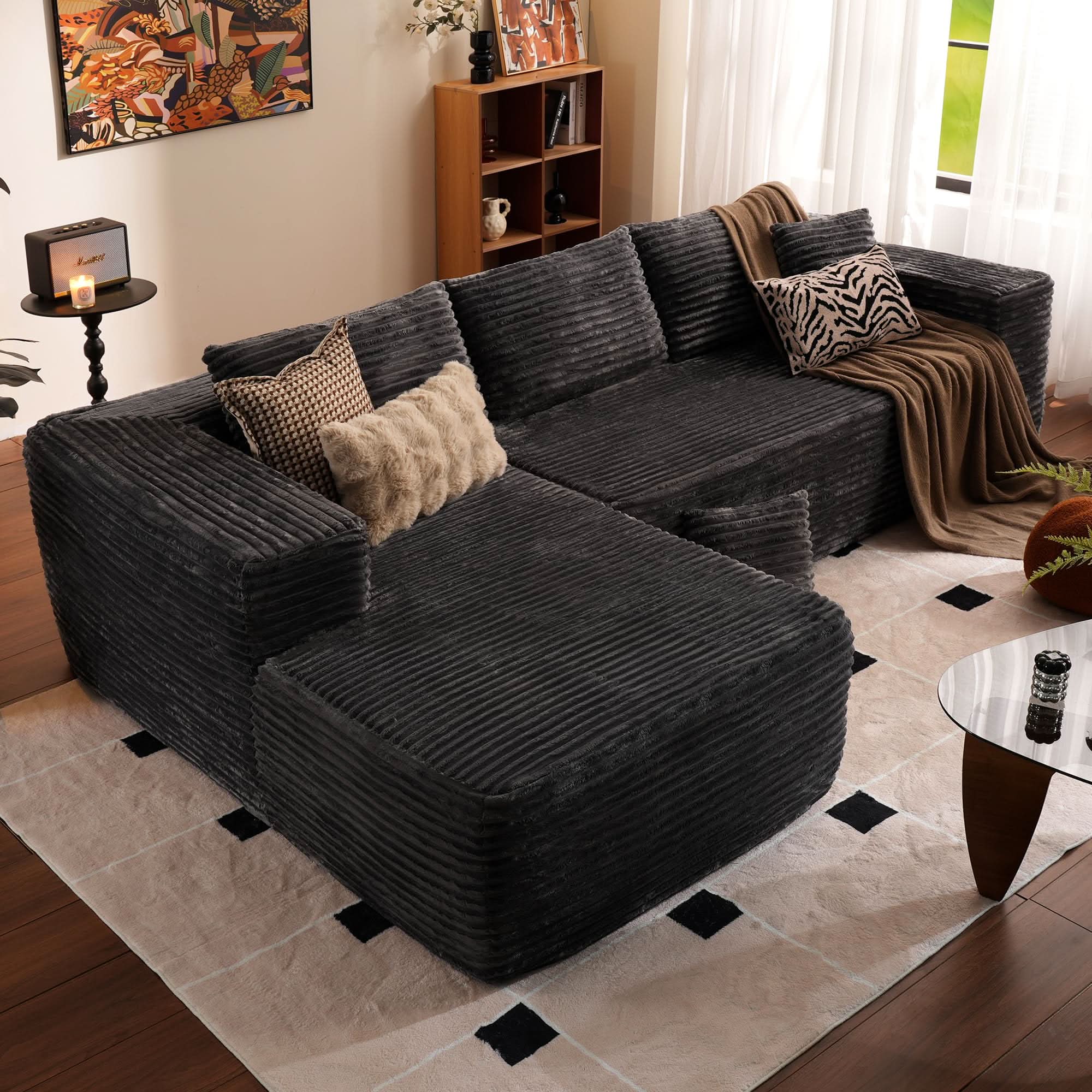 TriVolt 104" L-Shape Modular Couch with Chaise, Plush Corduroy Fabric, No Assembly Required