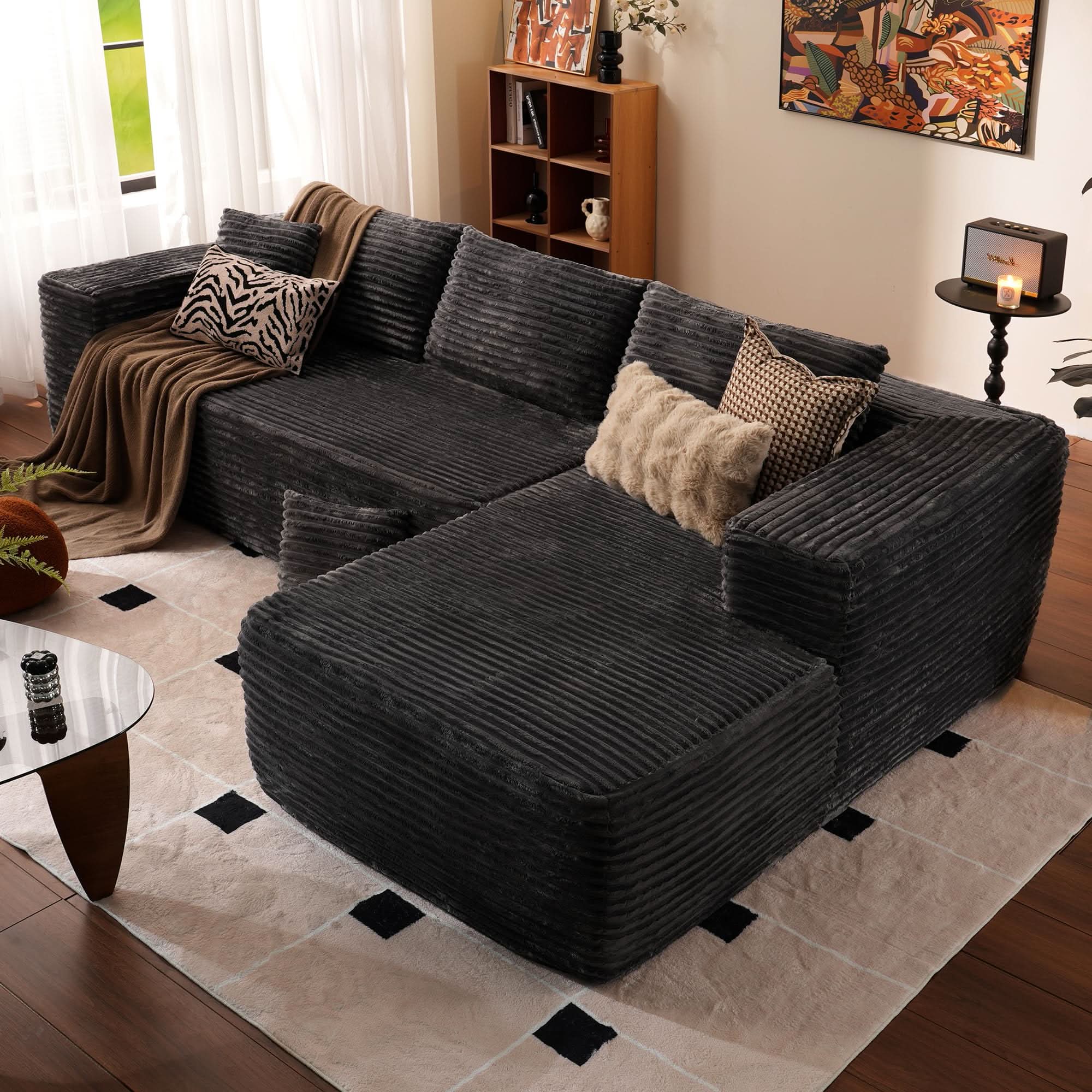 TriVolt 104" L-Shape Modular Couch with Chaise, Plush Corduroy Fabric, No Assembly Required