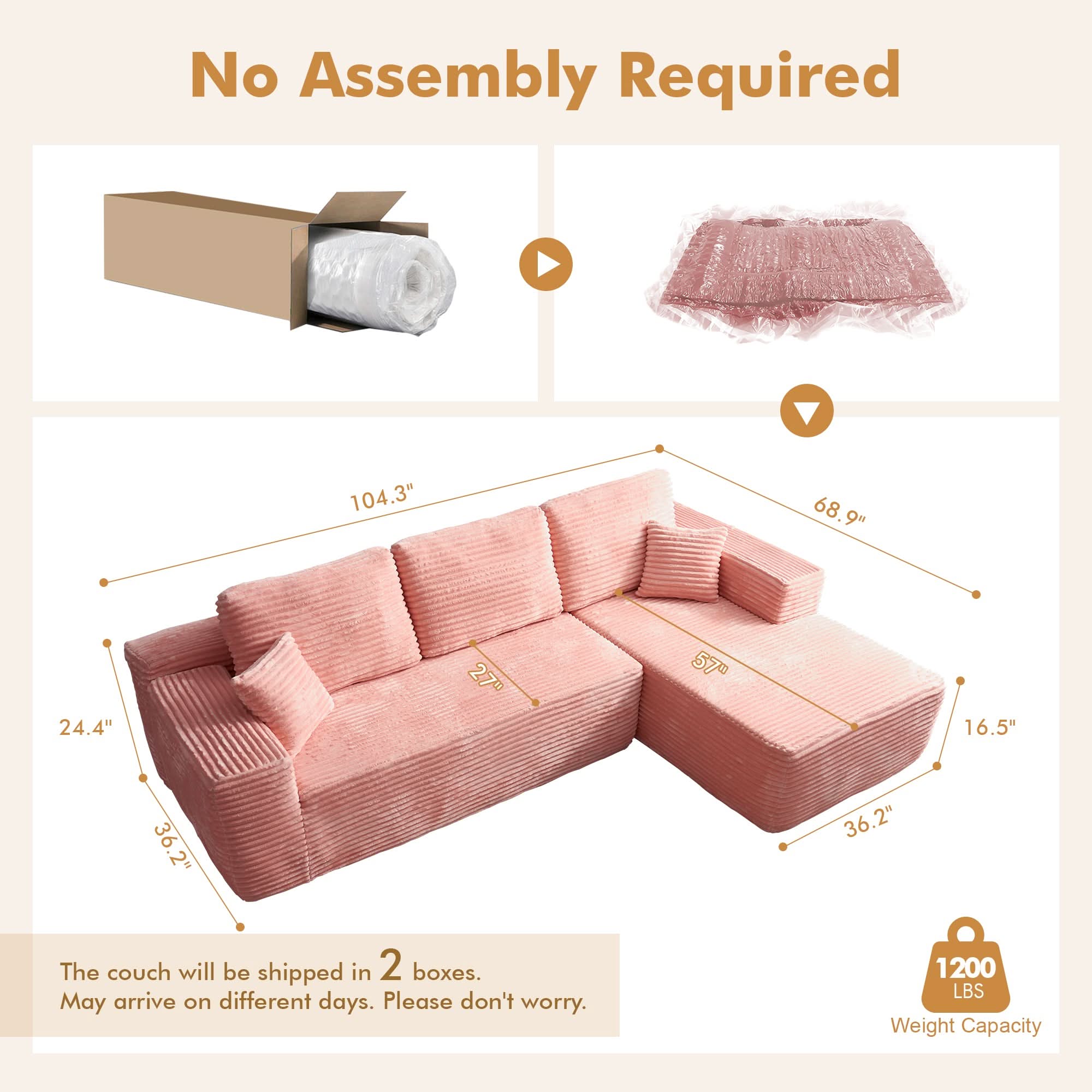 TriVolt 104" L-Shape Modular Couch with Chaise, Plush Corduroy Fabric, No Assembly Required
